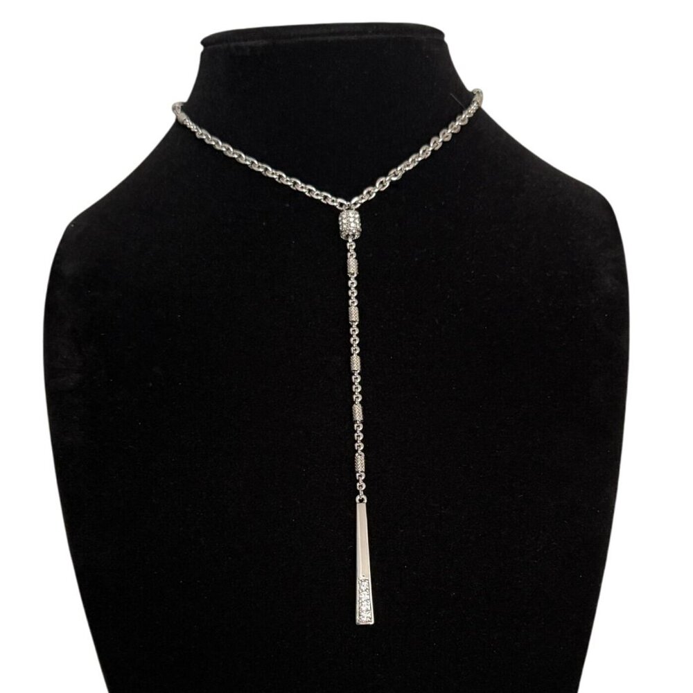 The Limited Silver Tone Y Necklace Crystal Pendant Textured Bead Accents